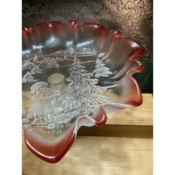 Mikasa “Christmas Story” Crystal Compote Candy/Fruit Dish Frosted With Red Trim - Picture 8 of 13